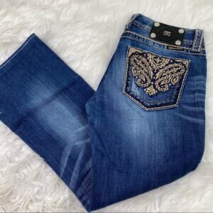 Miss Me Dark Blue Boot Cut Jeans with Tan Embroidery